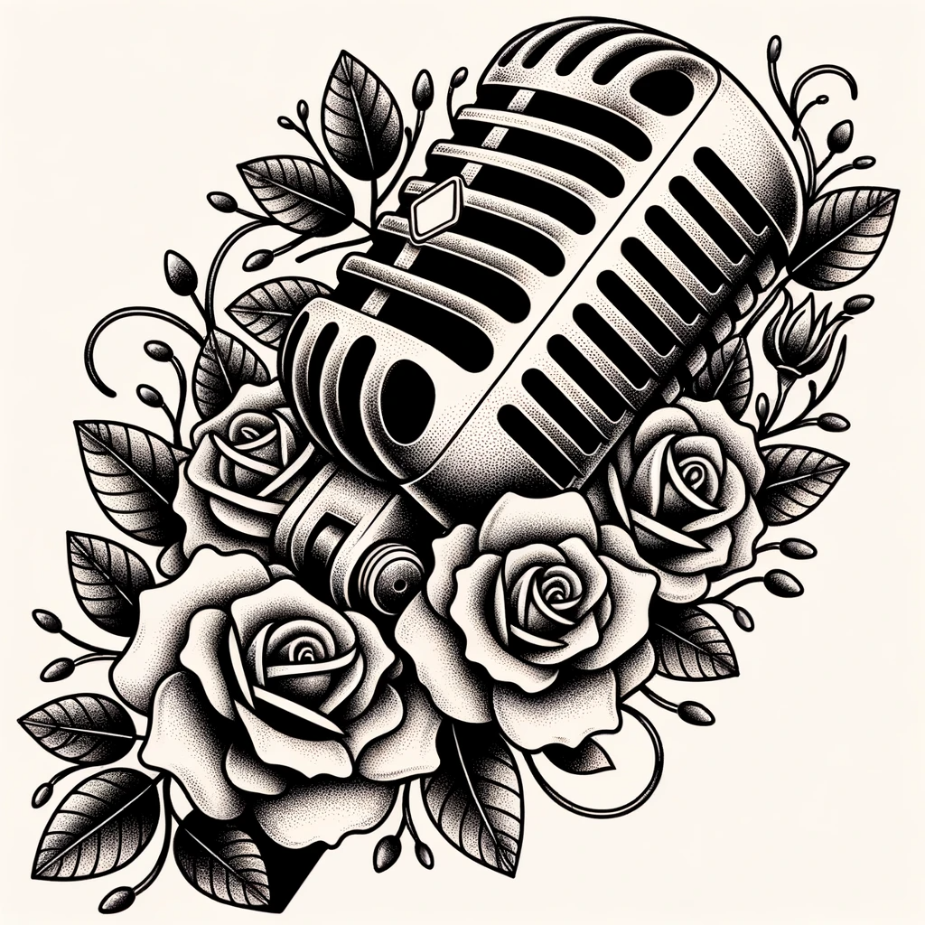 Illustration of a vintage microphone tattoo design for the upper arm. The old-school microphone is intricately detailed and wrapped in beautiful rose vines, signifying the timeless allure of music.