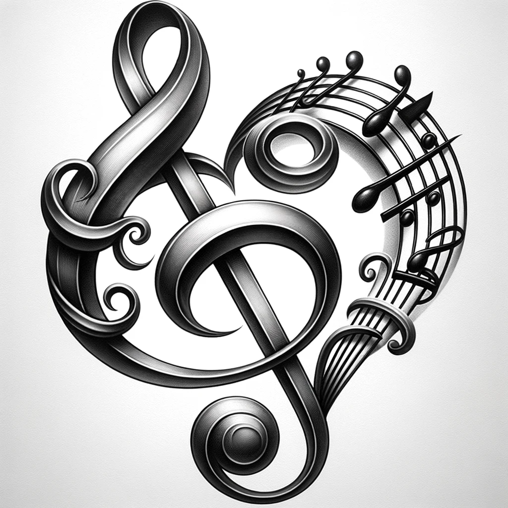 Photo-realistic tattoo design of the treble and bass clefs intricately intertwined to form the silhouette of a heart. The design is detailed, with subtle shading and highlights, emphasizing the deep connection between the two musical symbols and representing a love for music.