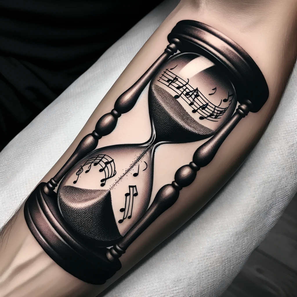 Photo of a realistic black tattoo on a person's arm displaying an intricately designed hourglass. The sands inside the hourglass consist of musical notes, symbolizing the rhythm and passage of time. The musical notes give the impression of flowing seamlessly from the top chamber to the bottom.
