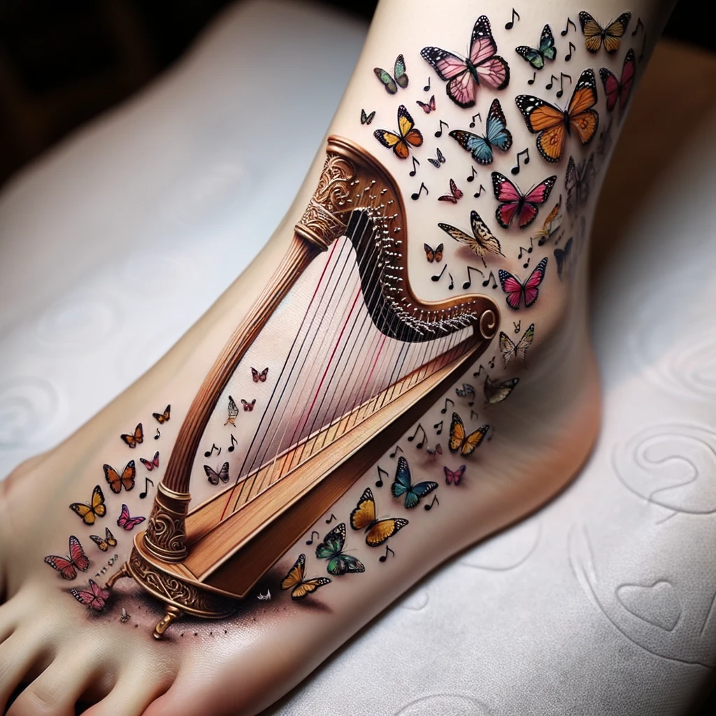 Photo of a realistic tattoo on a person's ankle. The main focus is a finely detailed, delicate harp poised as if ready to play. Surrounding the harp is a mesmerizing dance of vibrant butterflies, each one bearing tiny musical notes on their wings. The composition gives the impression that with every strum of the harp, the butterflies take flight in a joyous dance, creating a beautiful fusion of nature and melody.