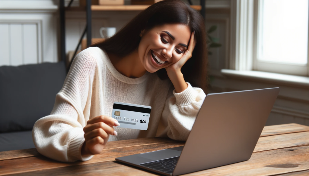 Photo of a relieved woman of Latin descent sitting at a wooden desk, holding a credit card and looking at her laptop screen which displays a 'Balance: $0' message.