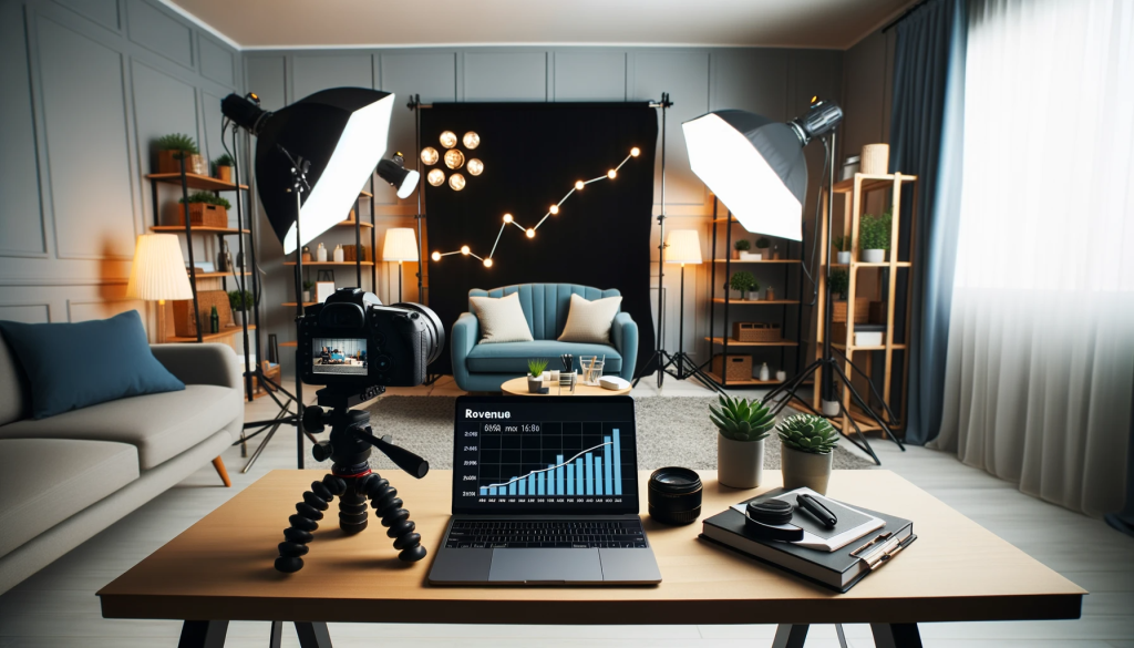 Photo of a modern home studio setup with professional lighting, camera, and backdrop, suggesting a content creation space. On a table, there's a laptop displaying a graph showing increasing revenue over time.