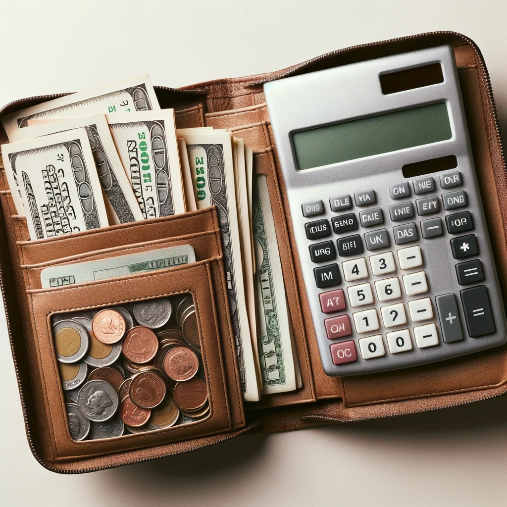 Photo of an open wallet displaying its three compartments. In the first compartment, there are multiple bills representing expenses. The second compartment is packed with coins, symbolizing savings. The third compartment prominently features a small calculator, indicating budget management.