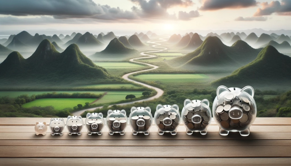 Landscape photo of a series of piggy banks arranged in a row. The first piggy bank on the left is transparent and empty, while each subsequent piggy bank becomes increasingly filled with coins, culminating in a full piggy bank on the far right, representing the journey of saving.