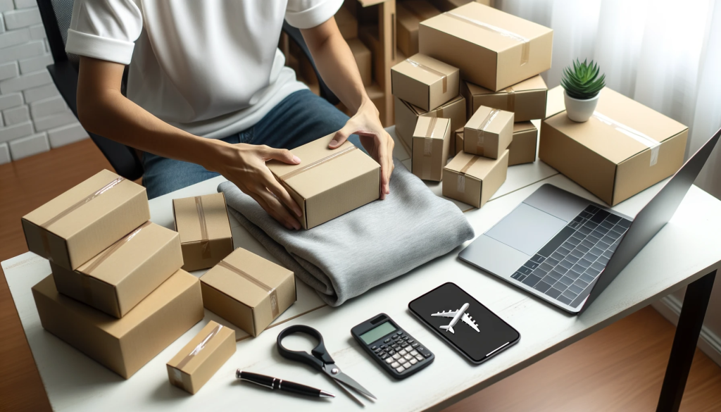 Photo of a person packing merchandise into boxes, signifying a dropshipping or print-on-demand business.