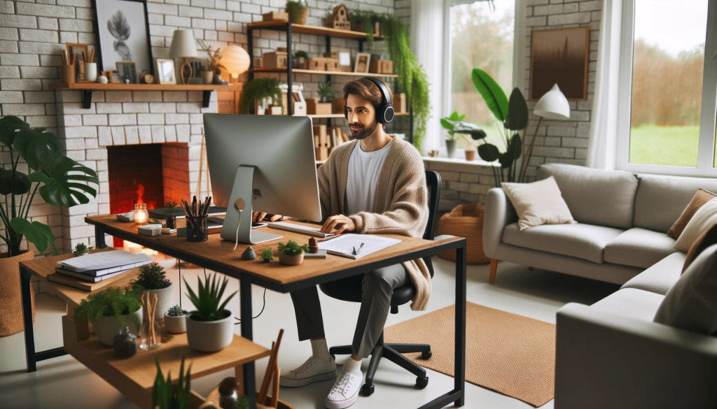 Photo of a virtual assistant working from a home office, seated at a desk with a computer, headphones on, surrounded by indoor plants and a cozy environment.