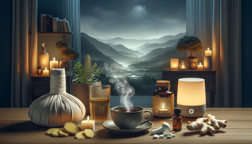 Landscape photo of a serene home setting with natural remedies for migraine relief. The scene includes a cold compress, a steaming cup of ginger tea, a magnesium supplement bottle, a glass of water, a dimmed room with soft lighting, and essential oil diffusers emitting a calming aroma.