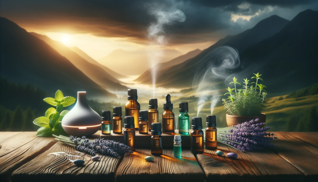 Landscape image of an array of essential oil bottles on a wooden surface, with droplets of oil and diffuser mist in the background. Lavender and peppermint plants are nearby, highlighting their significance in migraine relief. The ambiance suggests the therapeutic nature of essential oils for migraines.