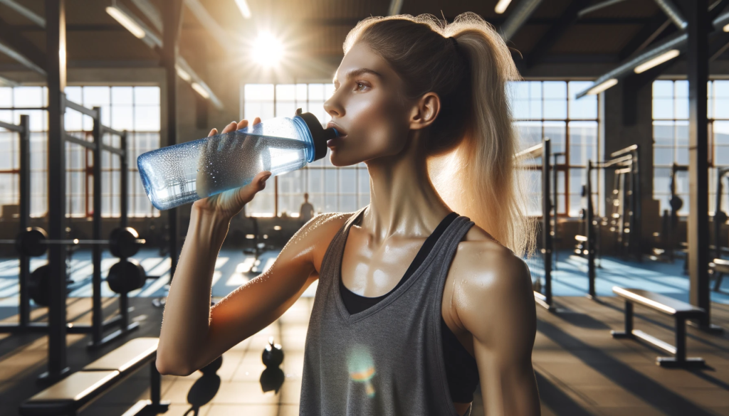 Photo in landscape format of a sunlit gym setting. In the foreground, a Caucasian female athlete with tied-back blonde hair, wearing a gray tank top, is drinking water from a translucent blue sports bottle. Droplets of water are visible on her forehead, indicating she's just finished a workout. In the background, various gym equipment and large windows allow sunlight to flood in.